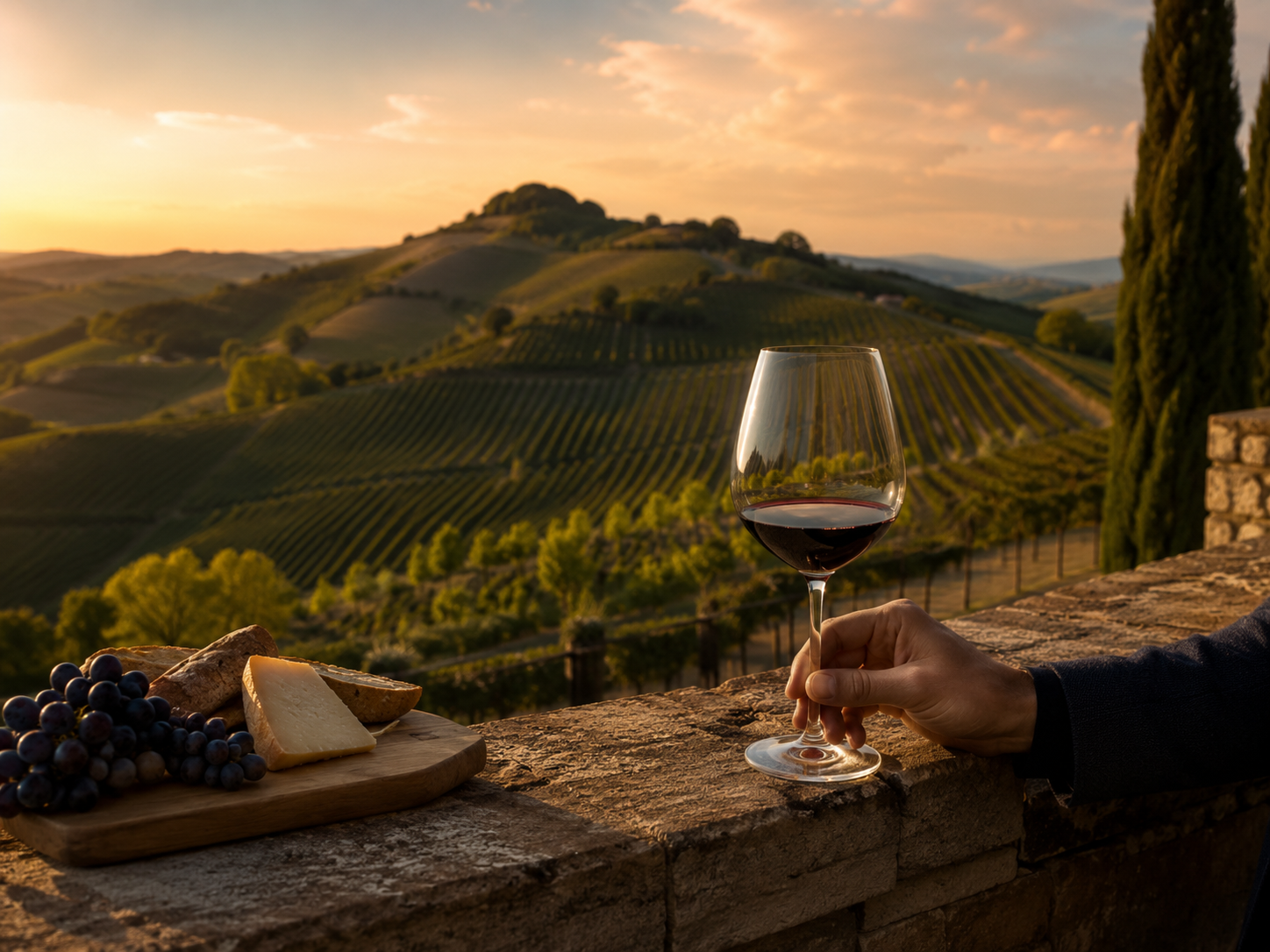 Vino e colline italiane al tramonto