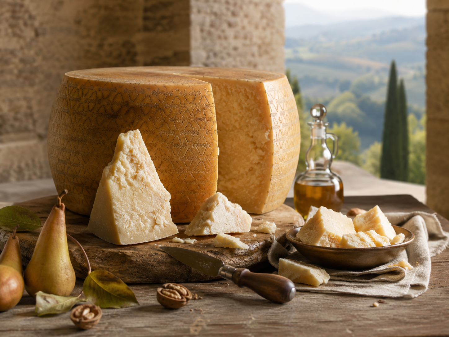 Parmigiano Reggiano ambientato in un contesto collinare italiano